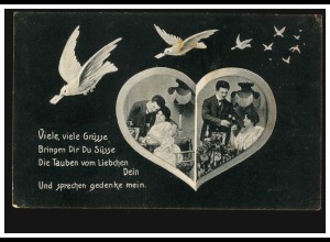 AK Anstoßen auf die Liebe Herz mit Bildern Brieftauben, Feldpost EUPEN 28.9.1907
