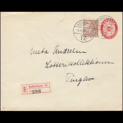 Dänemark Umschlag U 41x Ziffer 15 Öre Kz. 53, R-Brief aus KOBENHAVN 9.4.1937