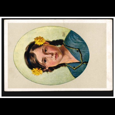 Künstler-AK Kobel: Mädchenportrait mit gelben Blumen im Haar, ungebraucht