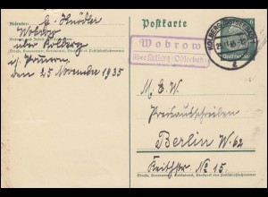 Landpost Wobrow über KOLBERG (OSTSEEBAD) 25.11.35 auf Postkarte nach Berlin