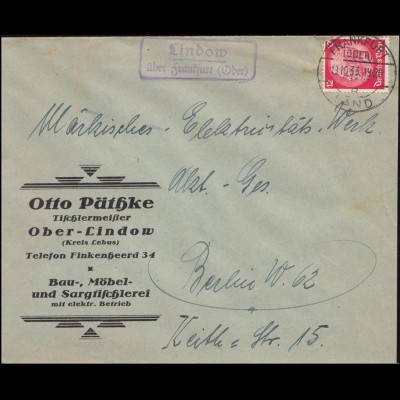 Landpost Lindow über FRANKFURT (ODER) LAND 19.10.1933 auf Brief nach Berlin