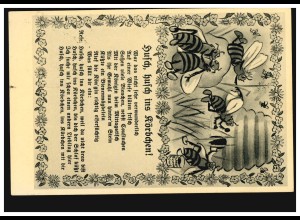 Karikatur-AK Liederkarte Husch, husch ins Körbchen! Bienenfleiß, KÖLN-DEUTZ 1938