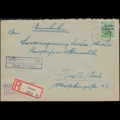 197 SBZ-Aufdruck EF mit Landpost-Stempel Klitzschen über TORGAU 4.1.49 R-Brief