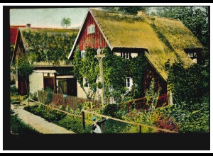 Künstler-AK Dorfidylle mit Vorgarten und Wegkreuz, gelaufen 1908