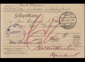 Feld-PK aus CÖLN-LINDENTHAL 2.1.18 Briefstempel ... Regiment 28 n. Kaldenkirchen