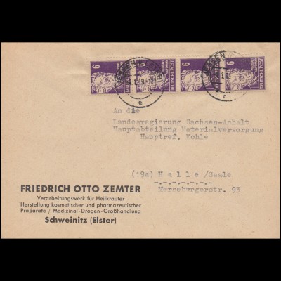 213 Hauptmann als senkr. Viererstreifen MeF Brief SCHWEINITZ (ELSTER) 4.1.1949