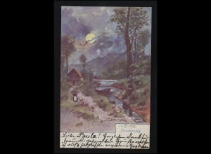 B.K.W. Nr. 1738-4 "Donnerstag" signiert, Mondnacht am Fluss, Offenburg 24.7.1902