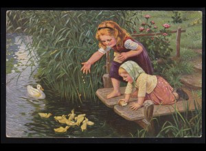 Künstler-AK C. von Bergen: Jugend vom Lande - Die Entenfütterung, BUDAPEST 1926
