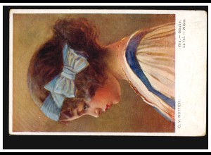 Künstler-AK C.V. Muttich: Glaube - Mädchenportrait mit blauer Haarschleife, 1916