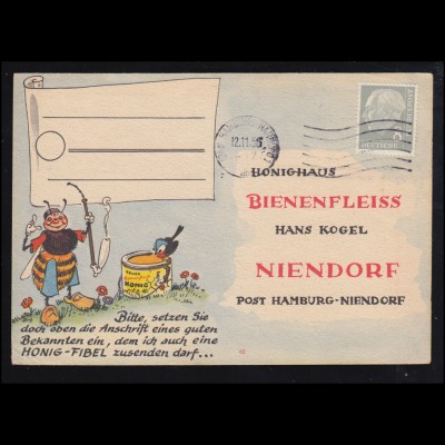 Karikatur-Karte Honighaus Bienenfleiss: Biene mit Tabakpfeife HAMBURG 12.11.1956