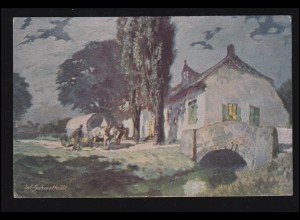 Künstler-AK W. Schmettow: Landschaft mit Fuhrwerk und Brücke, gelaufen 1921