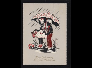 Scherenschnitt-AK Geburtstag:Mädchen und Junge Regenschirm Geschenke, CELLE 1965