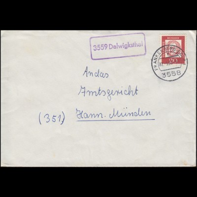 Landpost-Stempel 3559 Dalwigksthal auf Brief FRANKENBERG-EDER 1 - 22.9.1963