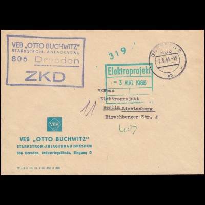 ZKD-Brief VEB OTTO BUCHWITZ Starkstrom-Anlagenbau DRESDEN 2.8.1966 nach Berlin