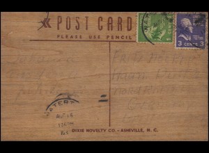 USA: Werbe-Postkarte aus Holz Tricky Test am 16.8.1917 nach Deutschland gelaufen