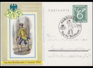 Sonderpostkarte P 289 Tag der Briefmarke passender SSt HAMBURG Postillion 7.1.40