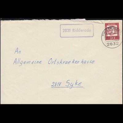 Landpost-Stempel 2831 Ridderade auf Brief TWISTRINGEN 29.6.1962