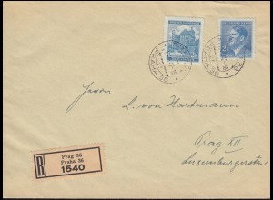 Böhmen und Mähren: 56 Schloss Pardubitz mit ZF auf R-Brief PRAG 15.8.1942
