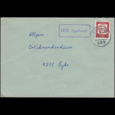 Landpost-Stempel 2831 Apelstedt auf Brief BASSUM 1963 nach Syke