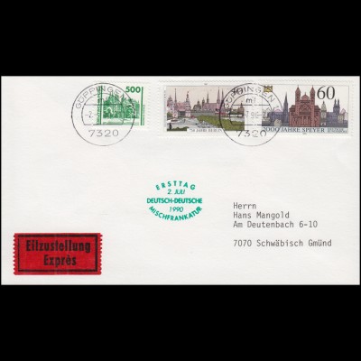 Ersttag Deutsch-Deutsche Mischfrankatur Eil-Brief mit 3352 GÖPPINGEN 2.7.90