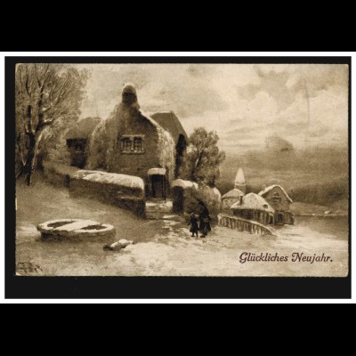 Ansichtskarte Neujahr Dorfidylle im Winter, FRANKFURT (MAIN)- HEDDERNHEIM 1914