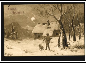 Ansichtskarte Neujahr Winterlandschaft, Jäger und Hund, MOSSBURG 31.12.1913