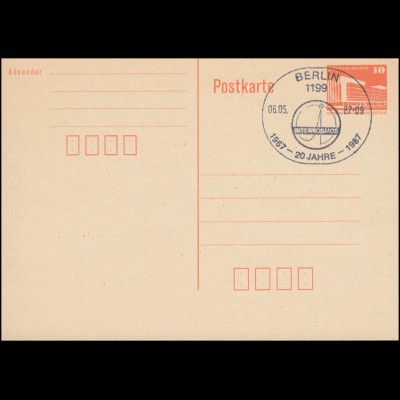 Sonderstempel BERLIN 20 Jahre INTERKOSMOS 6.5.1987 auf DDR-Postkarte P 86I 
