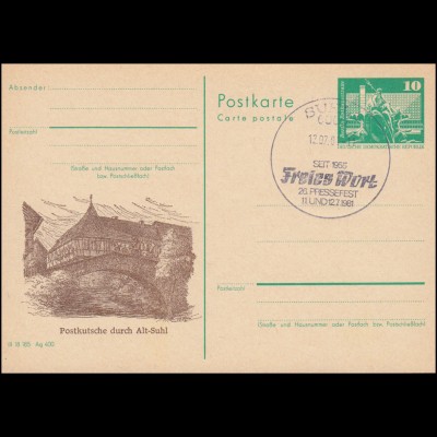 DDR P 79 Postkutsche durch Alt-Suhl 1981 SSt SUHL Pressefest Freies Wort 12.7.81
