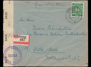 Zensur Military Censorship 20283 auf R-Brief PINNEBERG 21.8.1946 mit EF 936