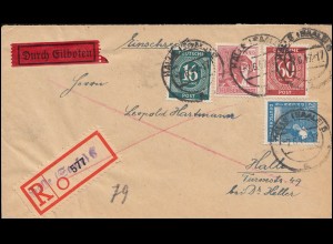 923ff Kontrollrat I+II MiF Orts-R-Brief mit Not-R-Zettel HALLE/SAALE 2.6.1947