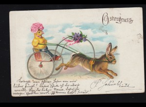 Tiere-AK Ostern -Trabrennen: Hase mit Sulky und Küken, KOMAROM 16.3.1899