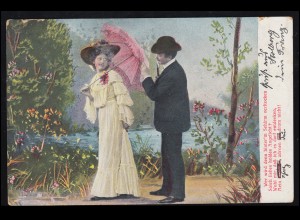 Liebes-AK Gedicht: Wer versteckt sich unterm Sonnenschirm? STOLBERG 2.2.1906