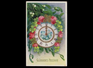 AK Neujahr: Silversterzeit 24 Uhr - Uhr mit Blumen-Girlande, gelaufen 1913