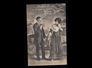 Liebes-AK: Autoliebchen - Liebespaar vor Auto mit Gedicht, WÜSTEN um 1913