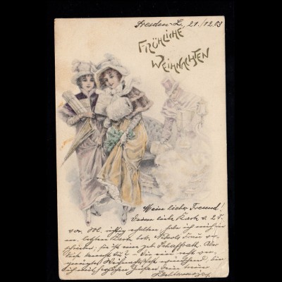 AK Weihnachten: Zwei Frauen mit Kutscher und Geschenken, DRESDEN 21.12.1903 