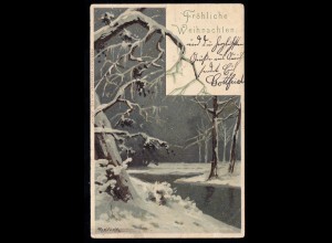AK Weihnachten: Winterlandschaft mit Eichen und Fluss, AURICH 23.12.1905