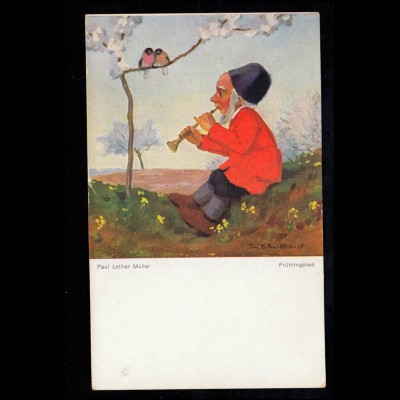 Karikatur-AK Frühlingslied: Zwerg spielt Flöte vor Vögel, beschriftet 1930