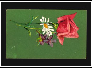 AK Blumen Strauß Rose Margerite Veilchen Knospe grüner Hintergrund, ungebraucht