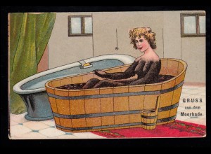 Karikatur-AK Gruss aus dem Moorbade: Frau in der Wanne, beschriftet