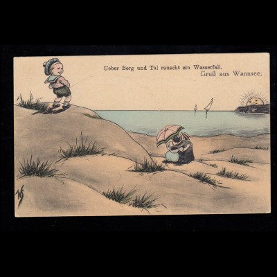Karikatur-AK Gruß aus Wannsse - Der Pinkelnde in den Dünen, ungebraucht