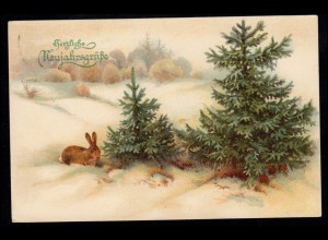 AK Neujahr: Winterlandschaft mit Hase und Tannenbäume NEUSTADT / HAARDT 1.1.1927