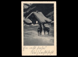 AK Weihnachten: Winterlandschaft bei Nacht Rehe vor Haus, ECKWARDEN 23.12.1941