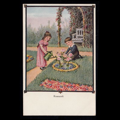 Kinder-AK Rosenzeit - Mädchen und Junge bei der Gartenarbeit, ungebraucht