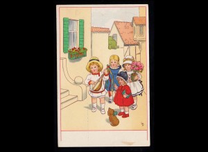 Kinder-AK Das Geburtstagsständchen mit Mädchenchor und Mandoline, NEUSALZA 1919