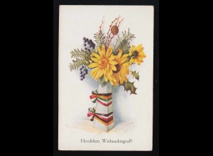 Vase gelbe Blumen Bänder Reichsfarben Reisig Zapfen, Weihnachtsgruß, ungebraucht