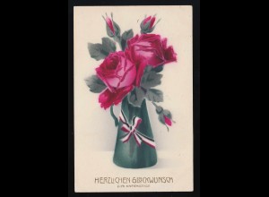 Dunkle Vase rote Rosen Reichsfarben, Glückwunsch Namenstag Garmisch 25.11.1915