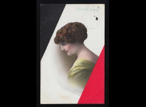 Junge Frau kurze Haare Locken, Deutscher Gruß vor Reichsfarben, Berlin 19.2.1916