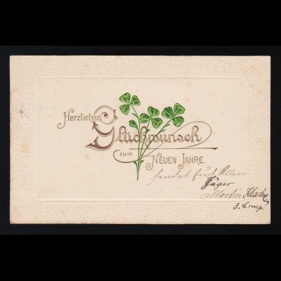 Herzlichen Glückwunsch zum neuen Jahre, Gold Klee Jugendstil, Lübben 30.12.1901