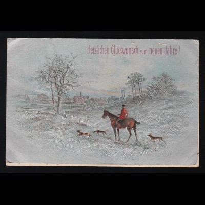 Jagd zu Pferde Jagdhunde Winter Landschaft Glückwunsch neues Jahr, 31.12.1908