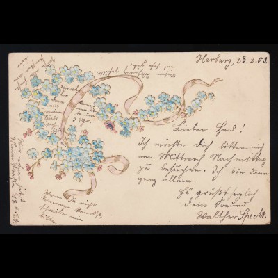 Band flattert im Wind mit Vergissmeinnicht und rosa Blüten, Harburg 23.2.1903